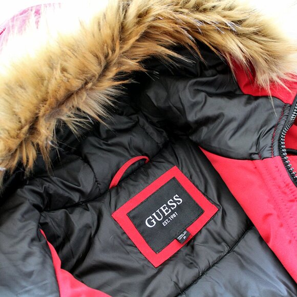 Guess Men's Red Faux-Fur Trim Hooded Long Snorkel Parka Coat Jacket Size Medium - Picture 4 of 5